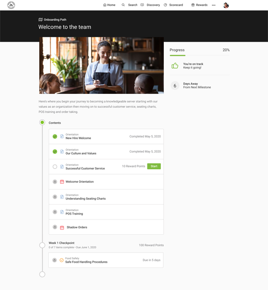 Screenshot of Axonify learning path for restaurant onboarding