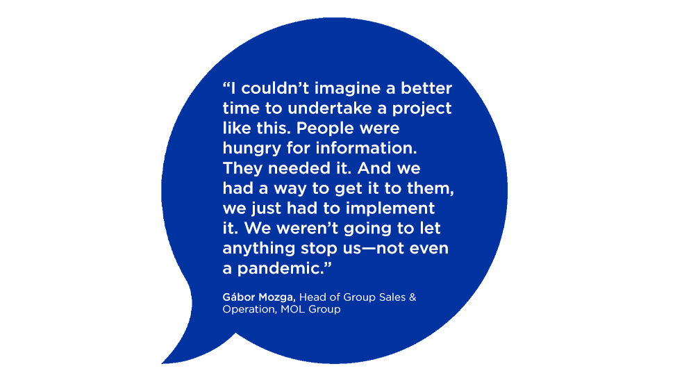 "I couldn't imagine a better time to undertake a project like this. People were hungry for information. They needed it. And we had a way to get it to them, we just had to implement it. We weren't going to let anything stop us—not even a pandemic." - Gábor Mozga, Head of Group Sales & Operation, MOL Group
