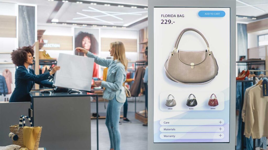 Woman making a purchase from a retail store with an overlay of a device with the product page of a handbag