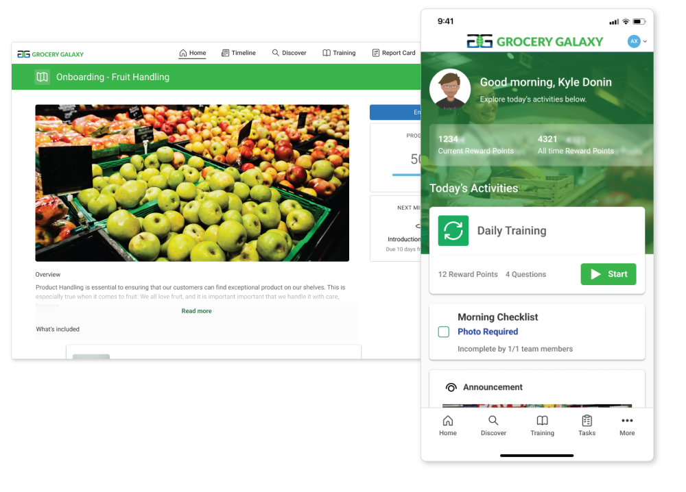 Screenshots of grocery content in Axonify on desktop and mobile