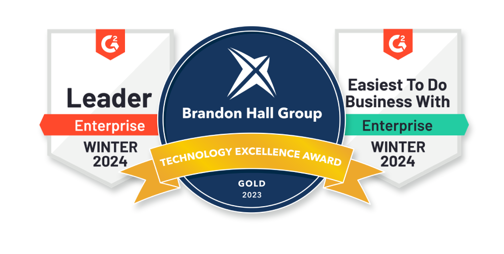 G2 Leader Enterprise Winter 2024, Brandon Hall Technology Excellence Gold 2024, G2 Easiest to do Business With Enterprise Winter 2024