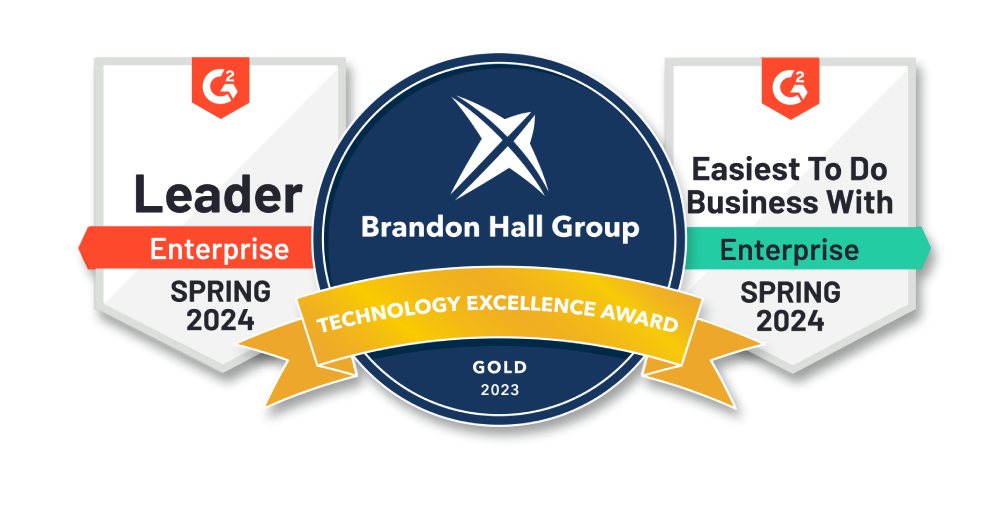 G2 Leader Enterprise Spring 2024, Brandon Hall Technology Excellence Gold 2023, G2 Easiest to do Business With Enterprise Spring 2024