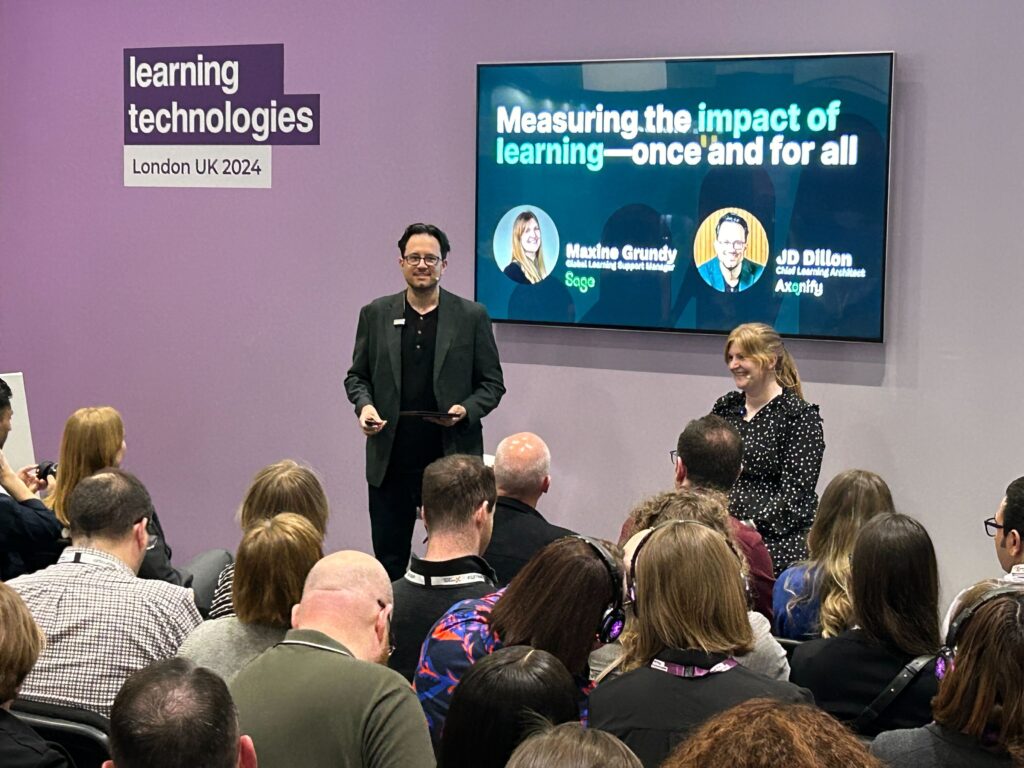 JD Dillon and Maxine Grundy speak during Learning Technologies 2024