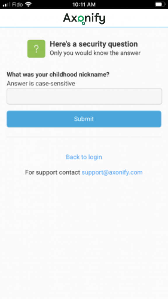 Screenshot of a login security question on the Axonify app