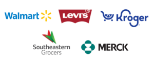 Walmart, Levi's, Kroger, Southeastern Grocers, and Merck logos.