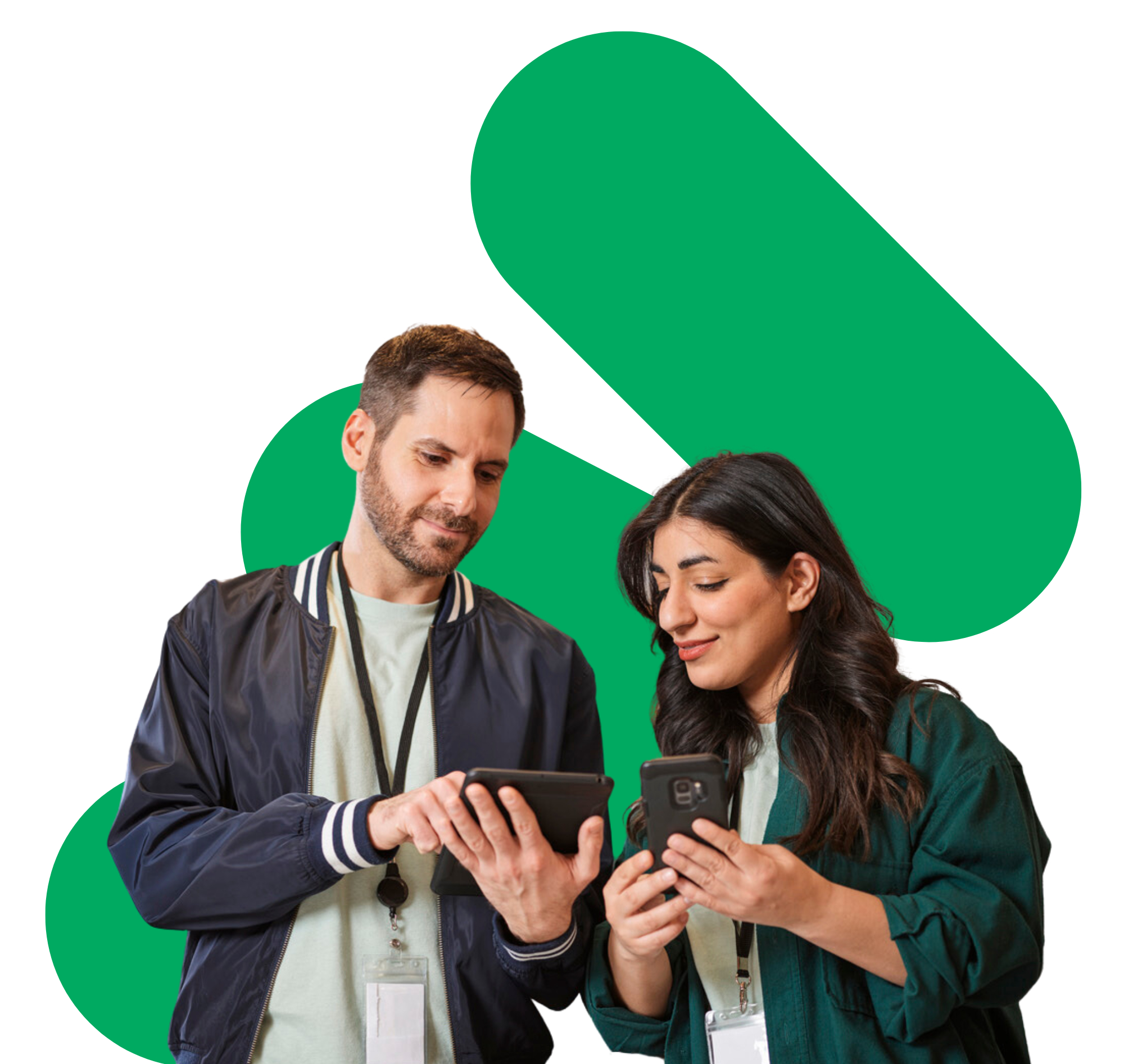 Two frontline employees holding mobile devices