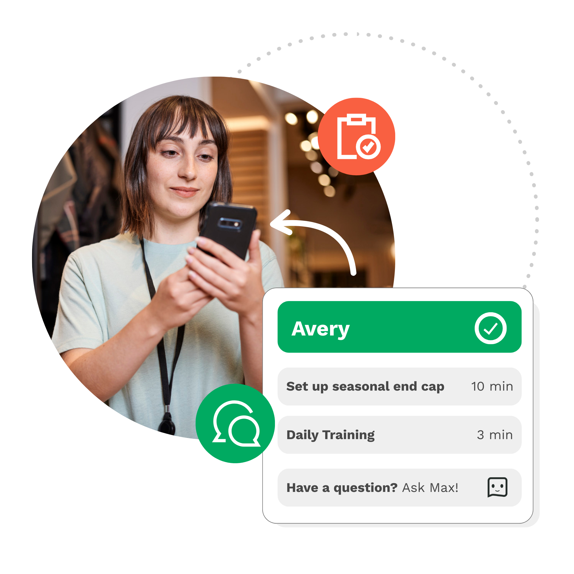 Axonify homepage showing tasks, training, AI assistant, and communications