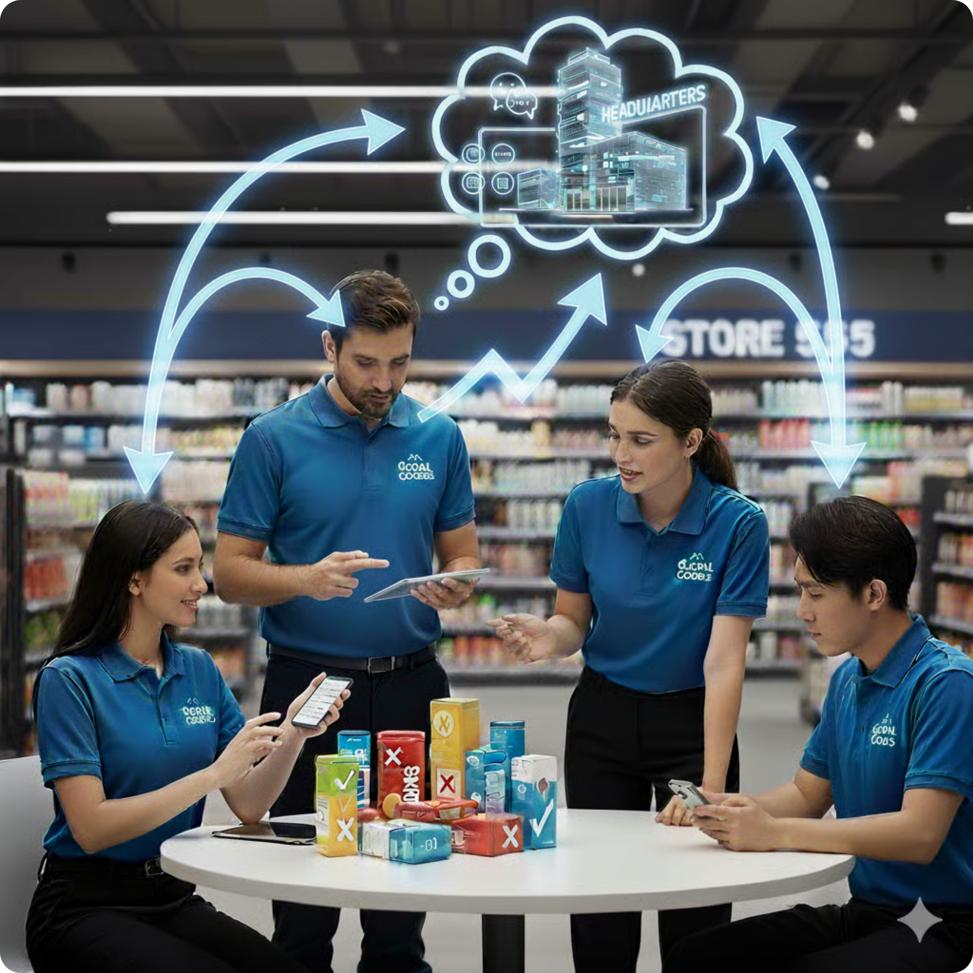 Group of frontline employees on devices with arrow showing data flow back and forth to HQ