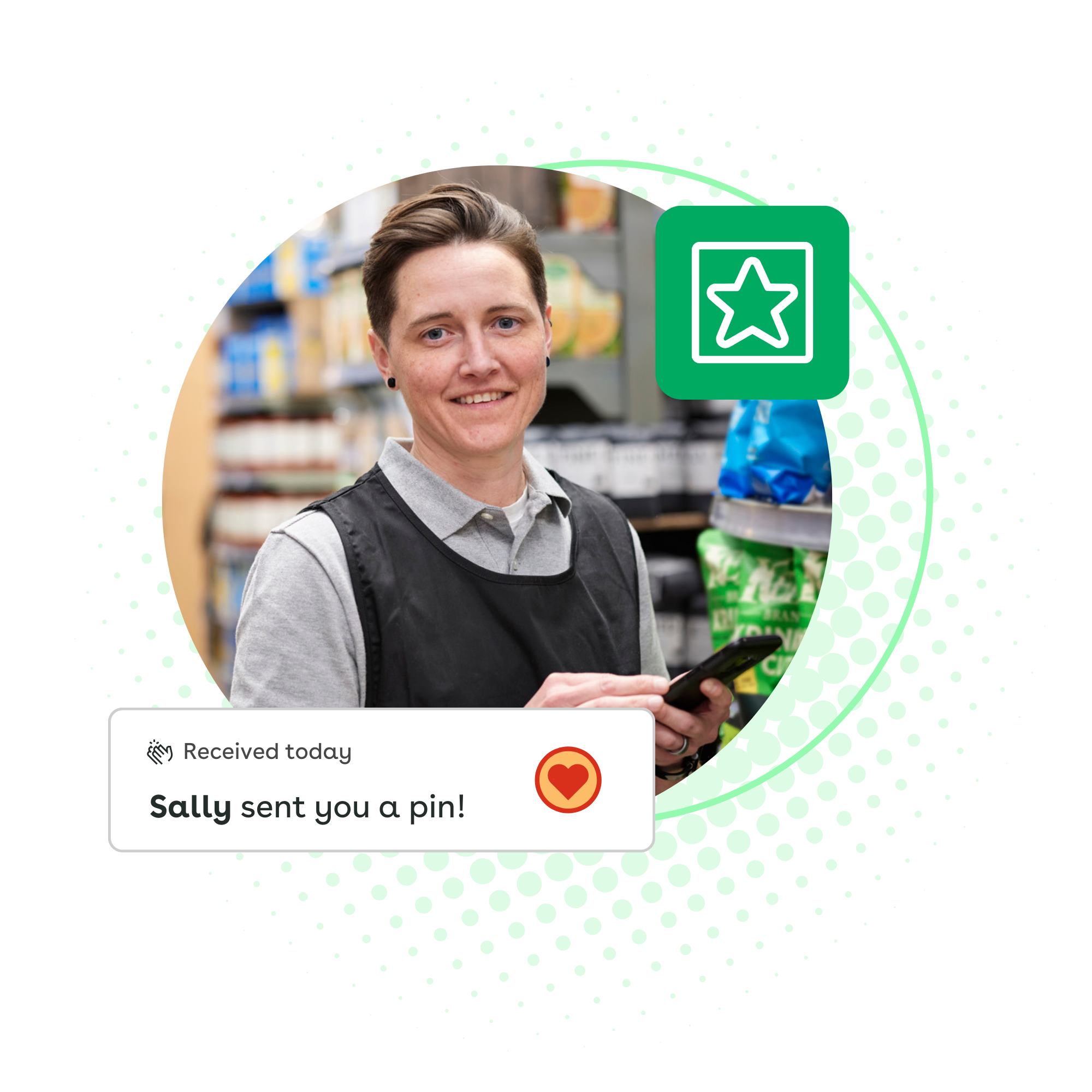 Photo of a retail associate overlayed with an illustration of a recognition pin in Axonify