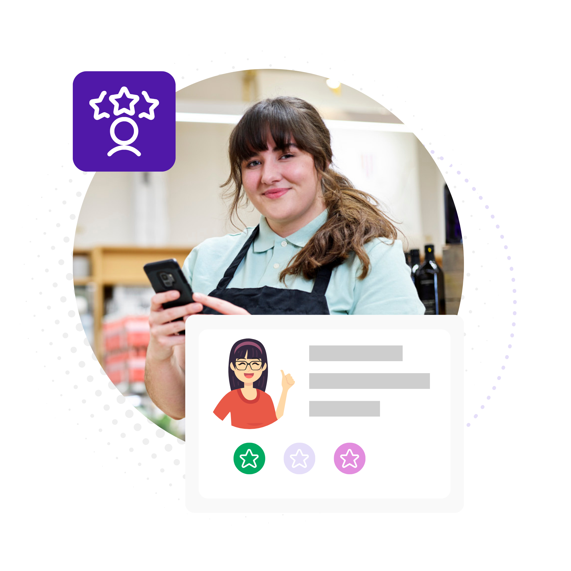 Photo of an associate overlayed with an illustration of recognition pins in Axonify