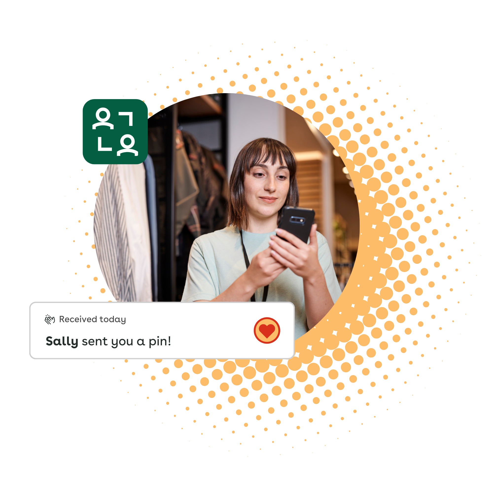 Illustration of peer recognition in Axonify overlayed on a photo of a retail associate