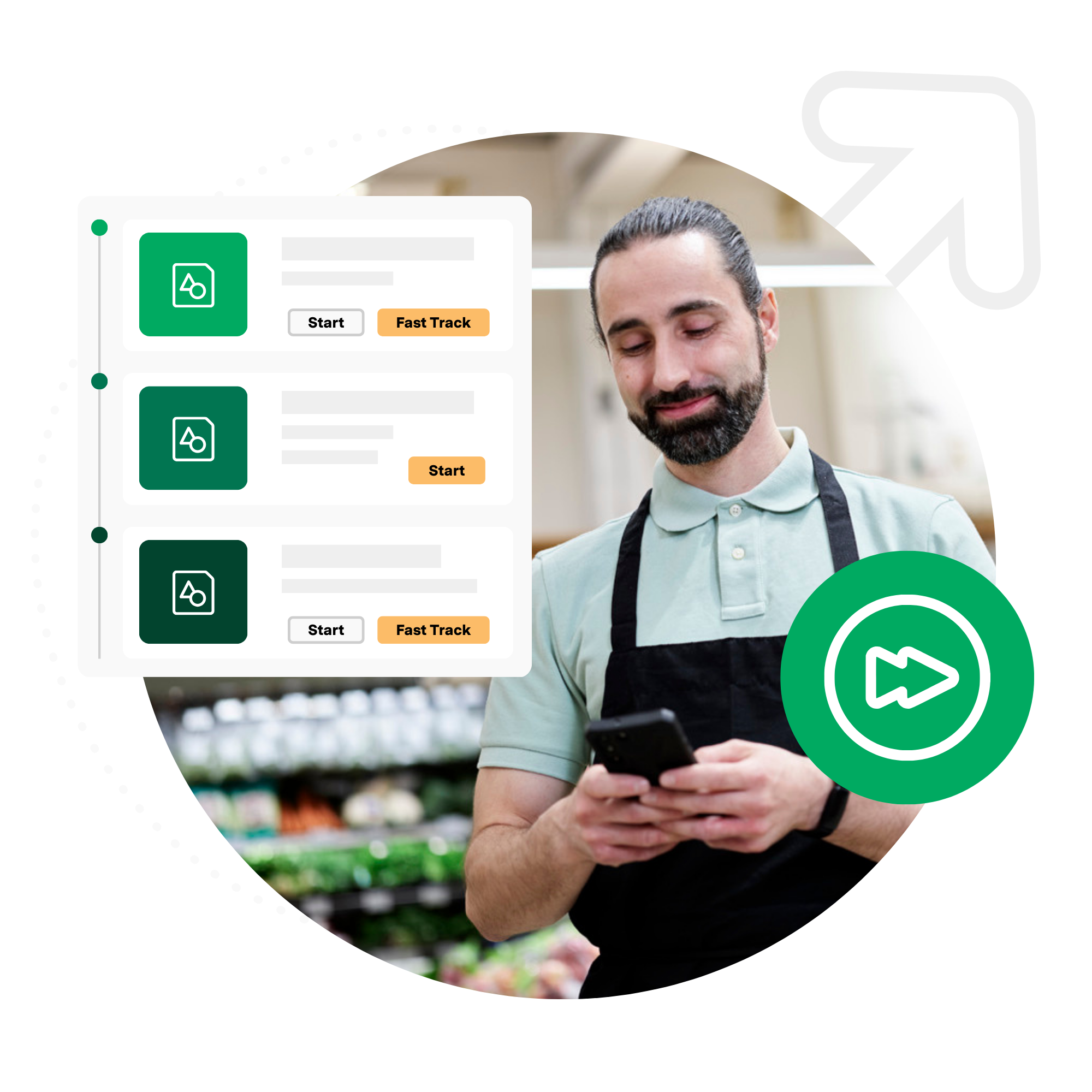 Illustration of Axonify's personalized training overlayed on a photo of a person holding a phone