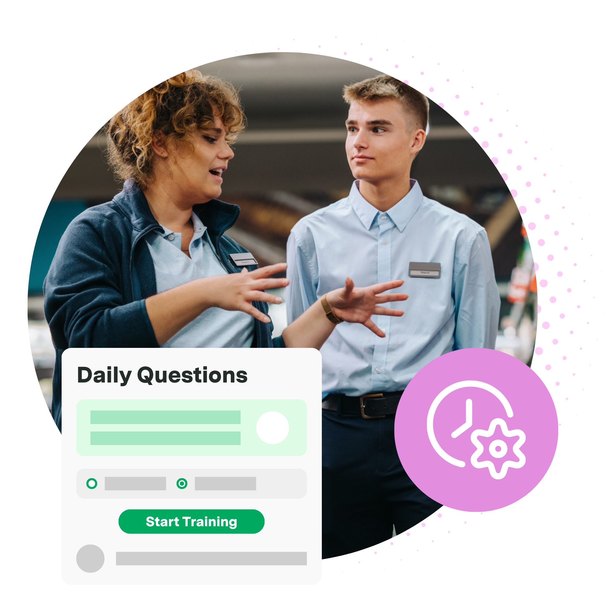 Retail associate onboarding another associate, overlayed with illustrations of training in the Axonify platform