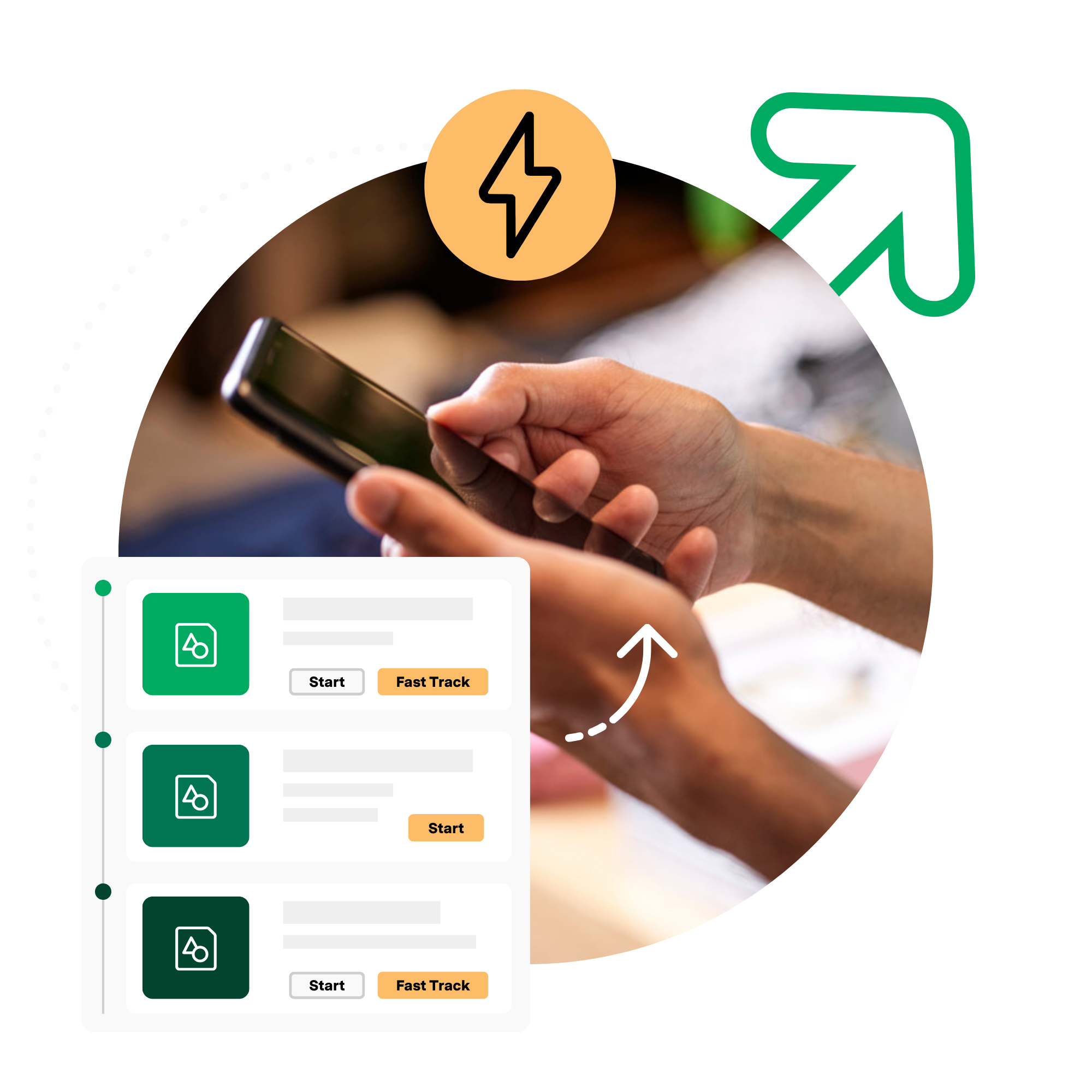 Illustration of Axonify's personalized training overlayed on a photo of a person holding a phone