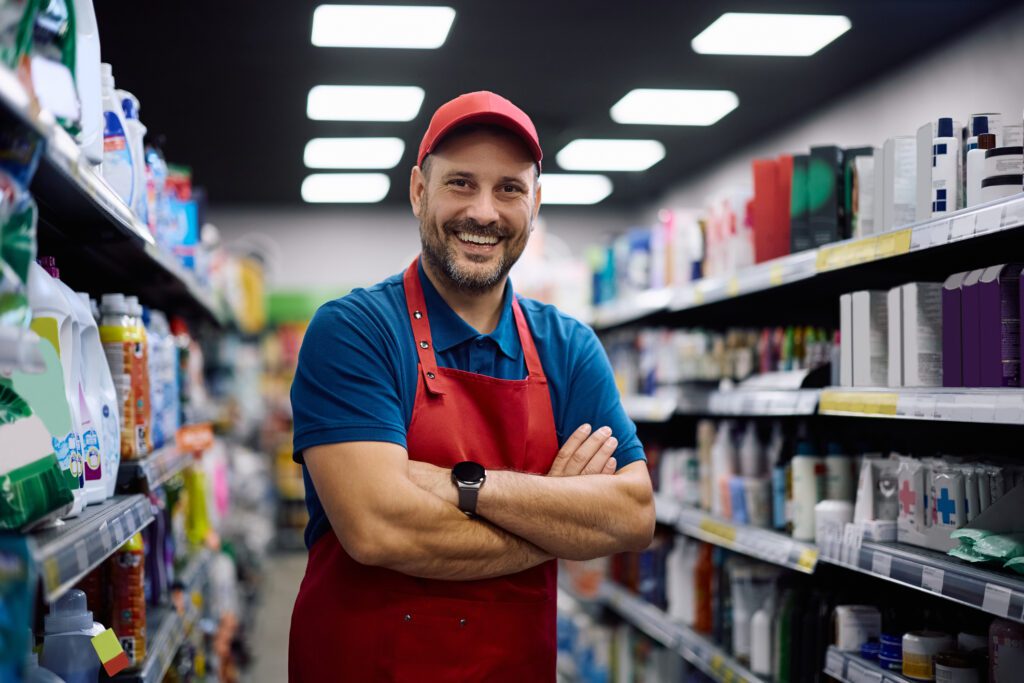 Happy Supermarket Worker Standing With Arms Crossed And Looking At Camera.