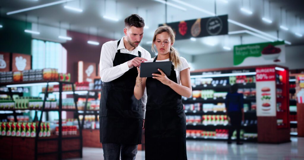 Supermarket Manager Trains Associates In Retail Store