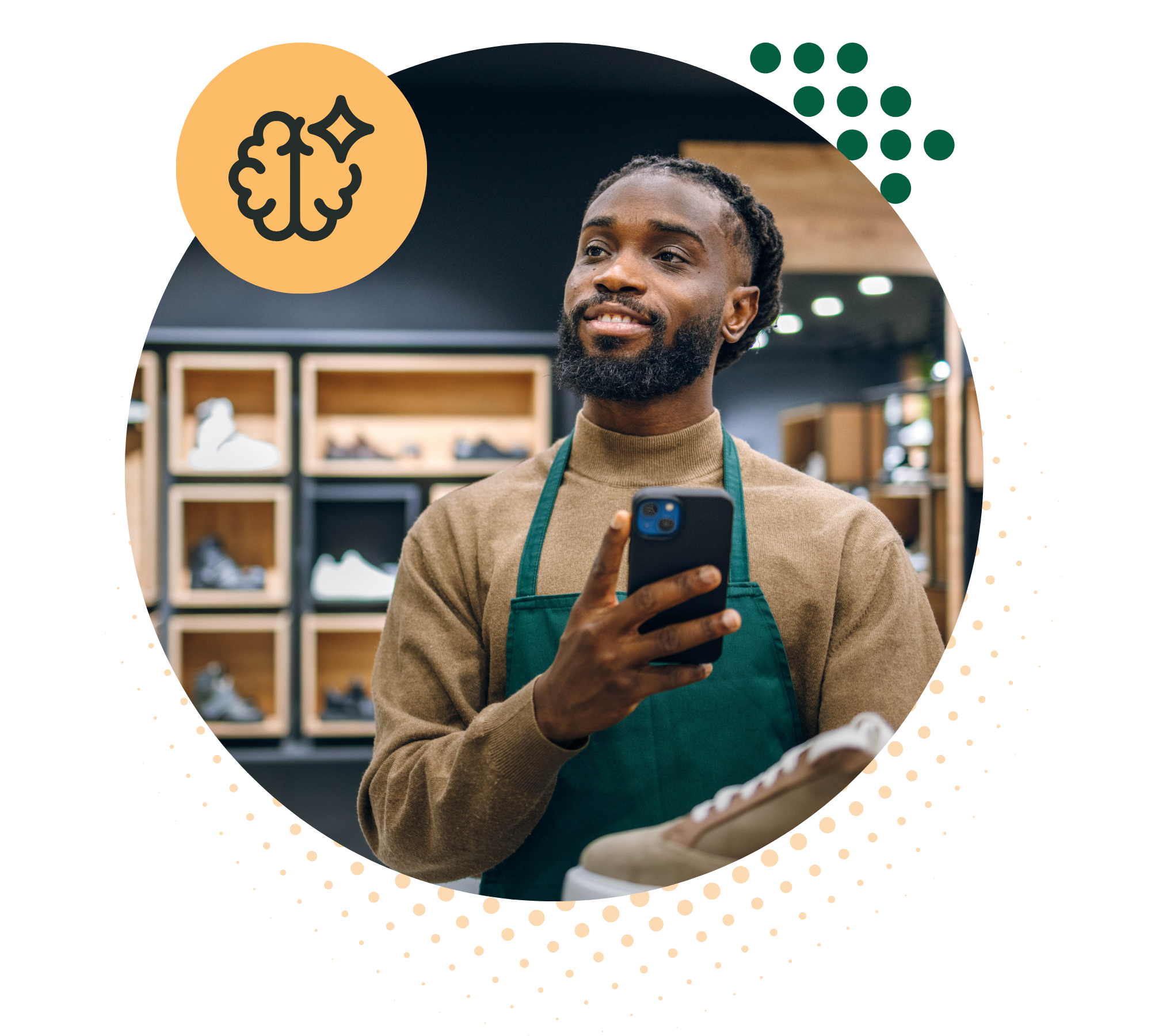 Photo of a shoe store associate holding a mobile device