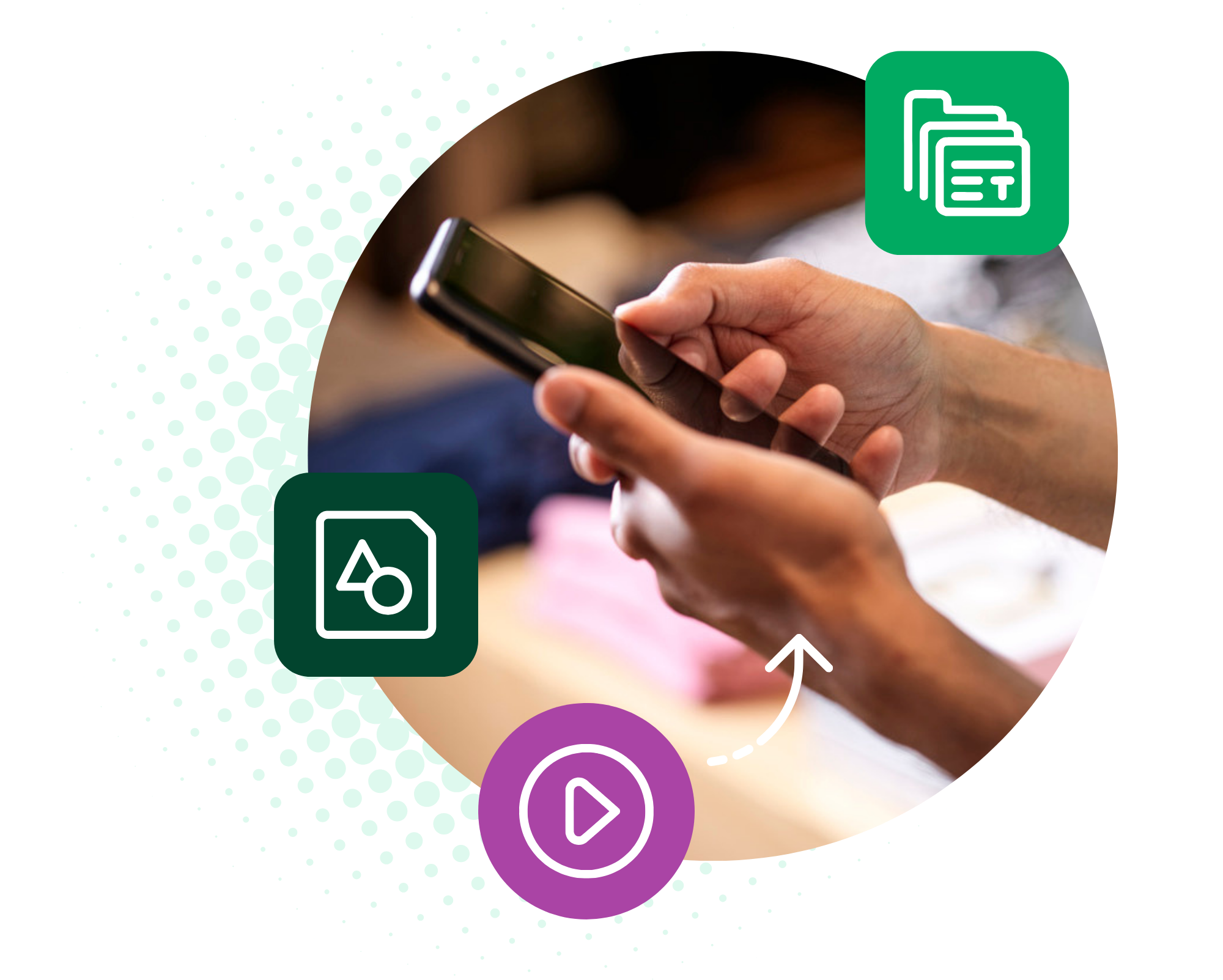 Photo of hands holding a mobile device overlayed with icons depicting images, video and folders