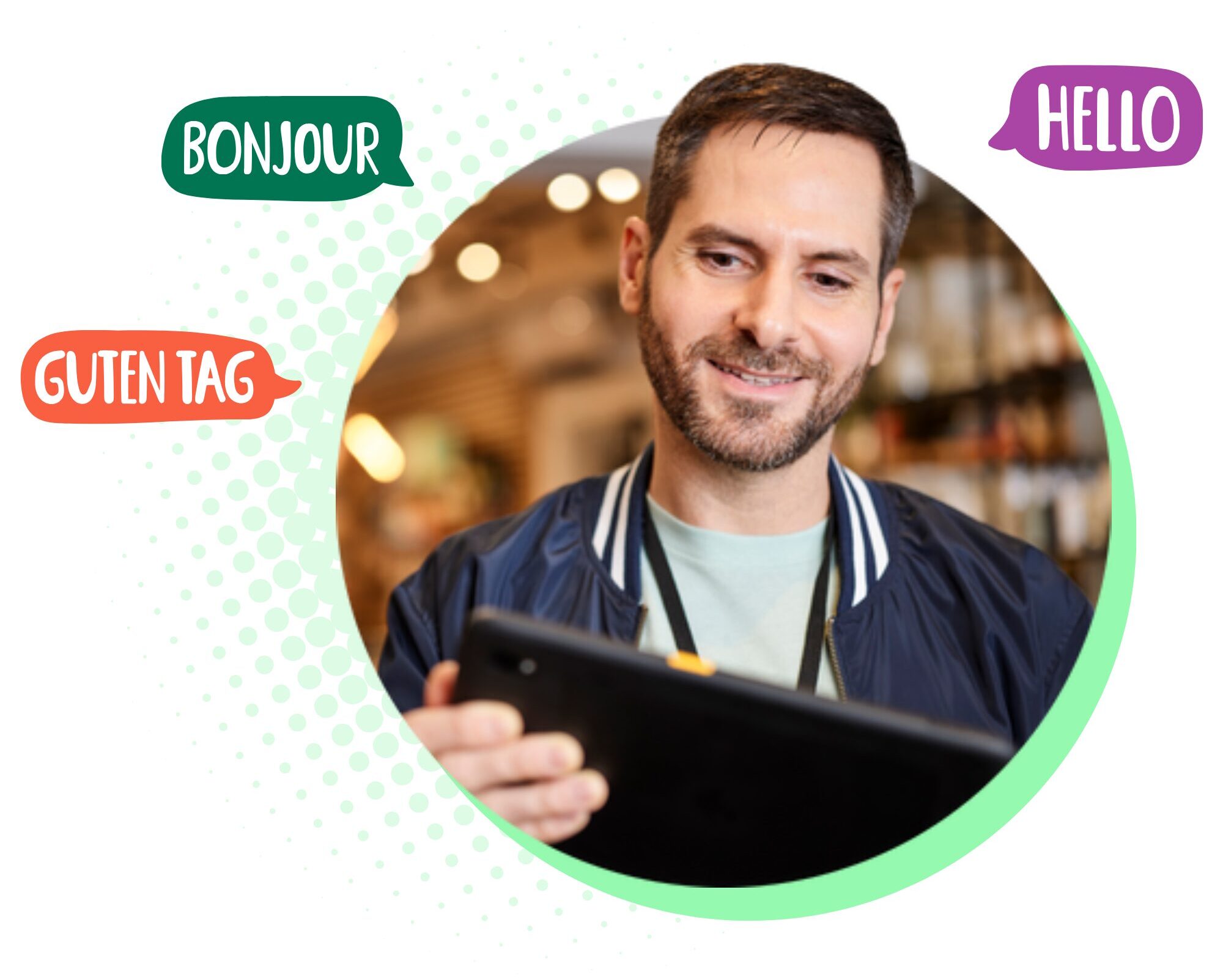 Retail store associate looking at a tablet surrounded by speech bubbles that say 'Hello', 'Bonjour' and 'Guten tag'