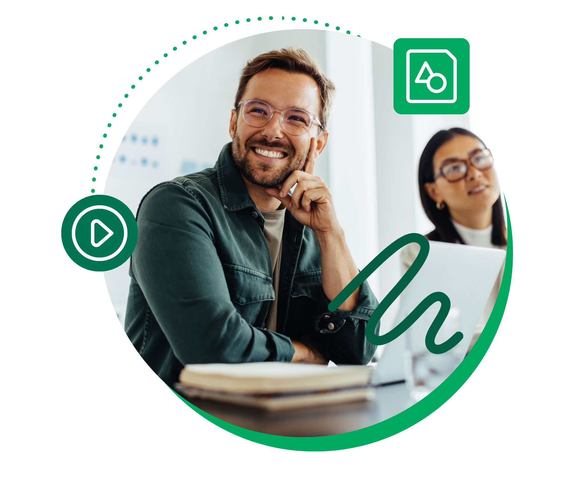 A content expert smiling at the camera in a corporate office