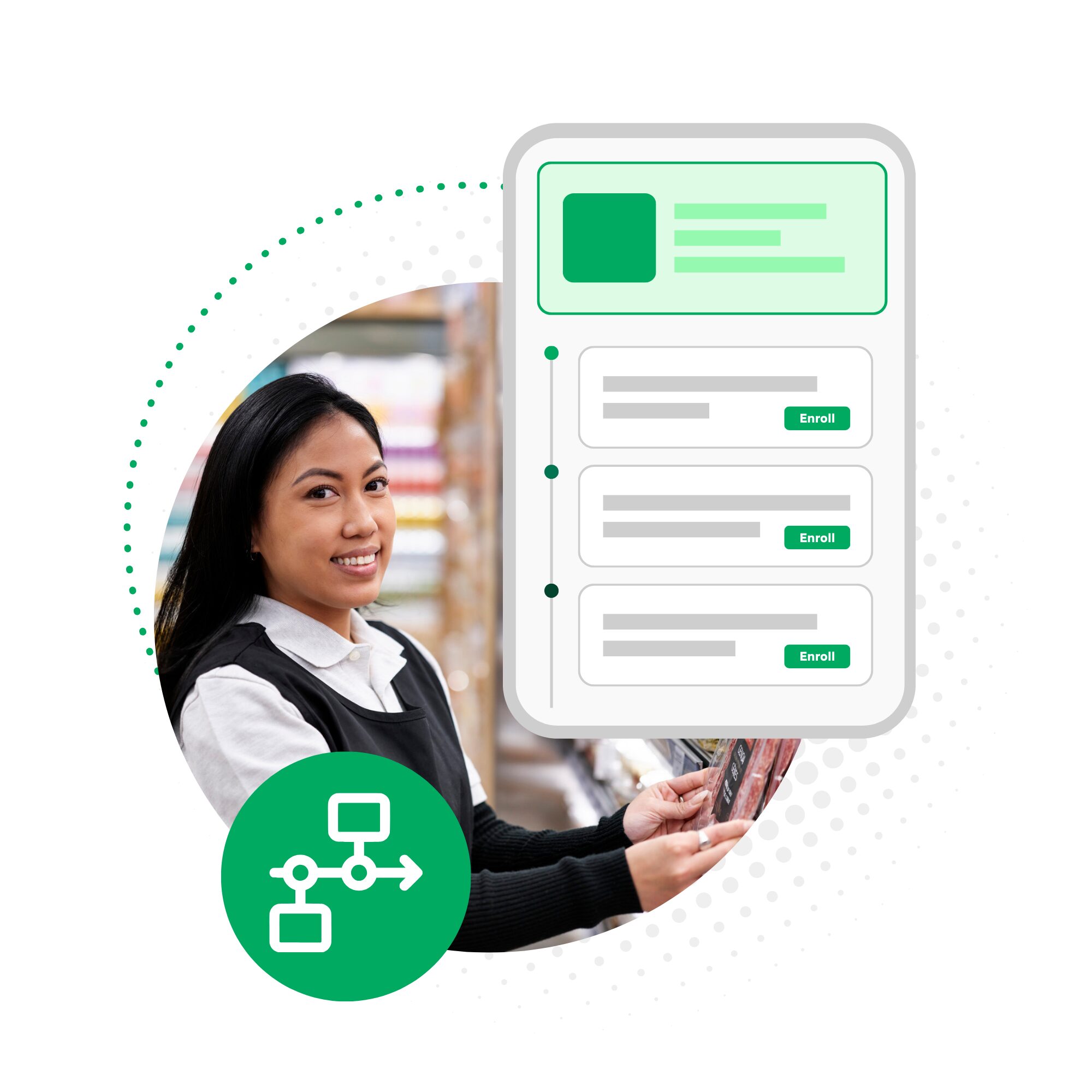 Photo of a retail associate overlayed with an illustration of a learning path in Axonify