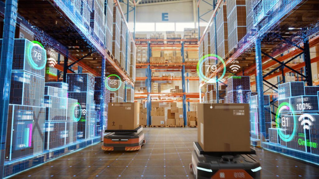 Future Technology 3d Concept: Automated Retail Warehouse Agv Robots With Infographics Delivering Cardboard Boxes In Distribution Logistics Center. Automated Guided Vehicles Goods, Products, Packages