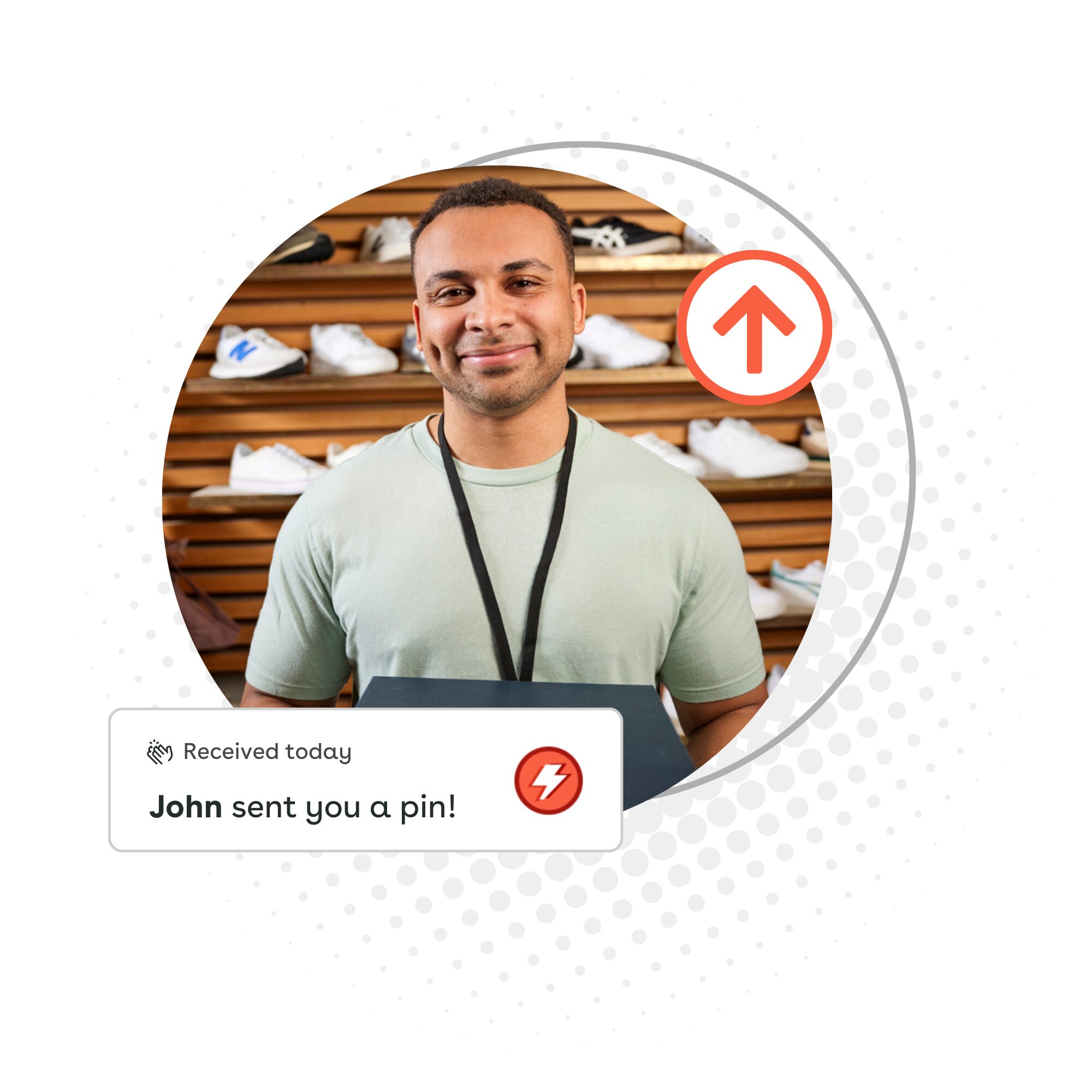 Photo of a retail associate overlayed with an illustration of a recognition pin in Axonify