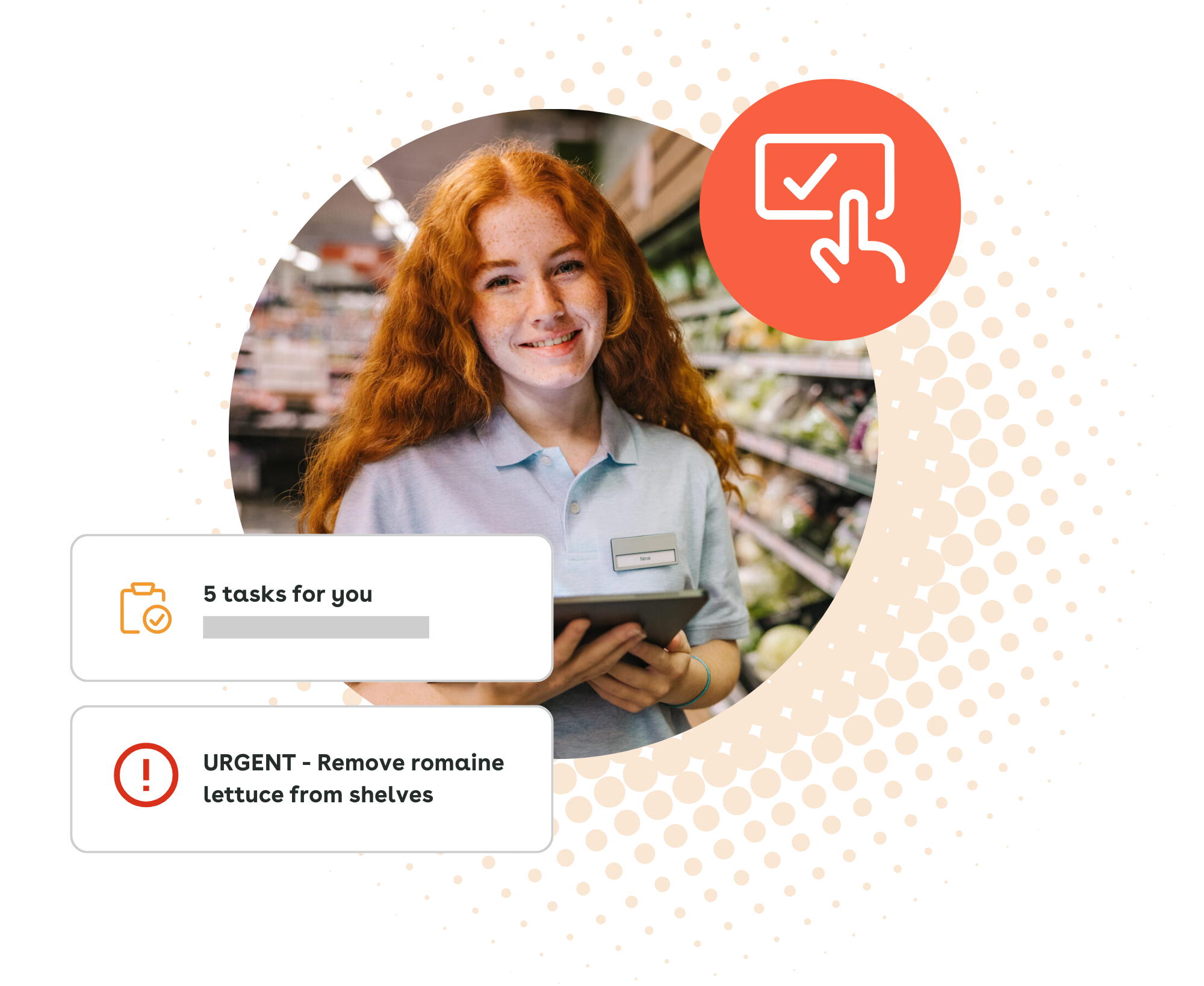 Illustration of the at-a-glance homepage view of assigned tasks overlayed on a photo of a grocery store associate