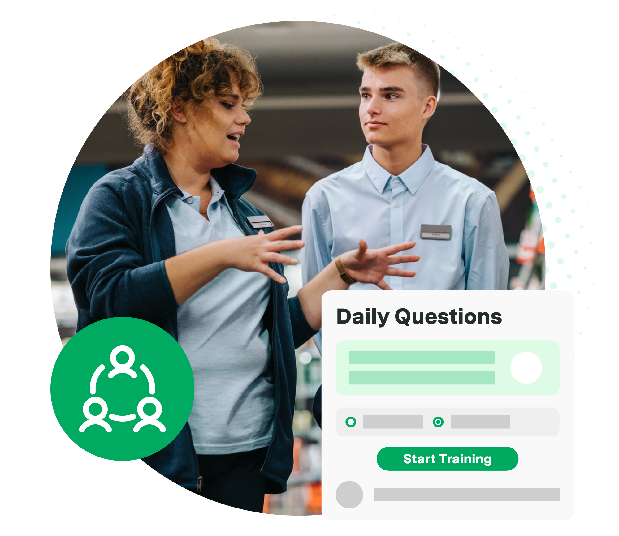 Illustration of daily training in Axonify overlayed on a photo of a retail manager and a new hire