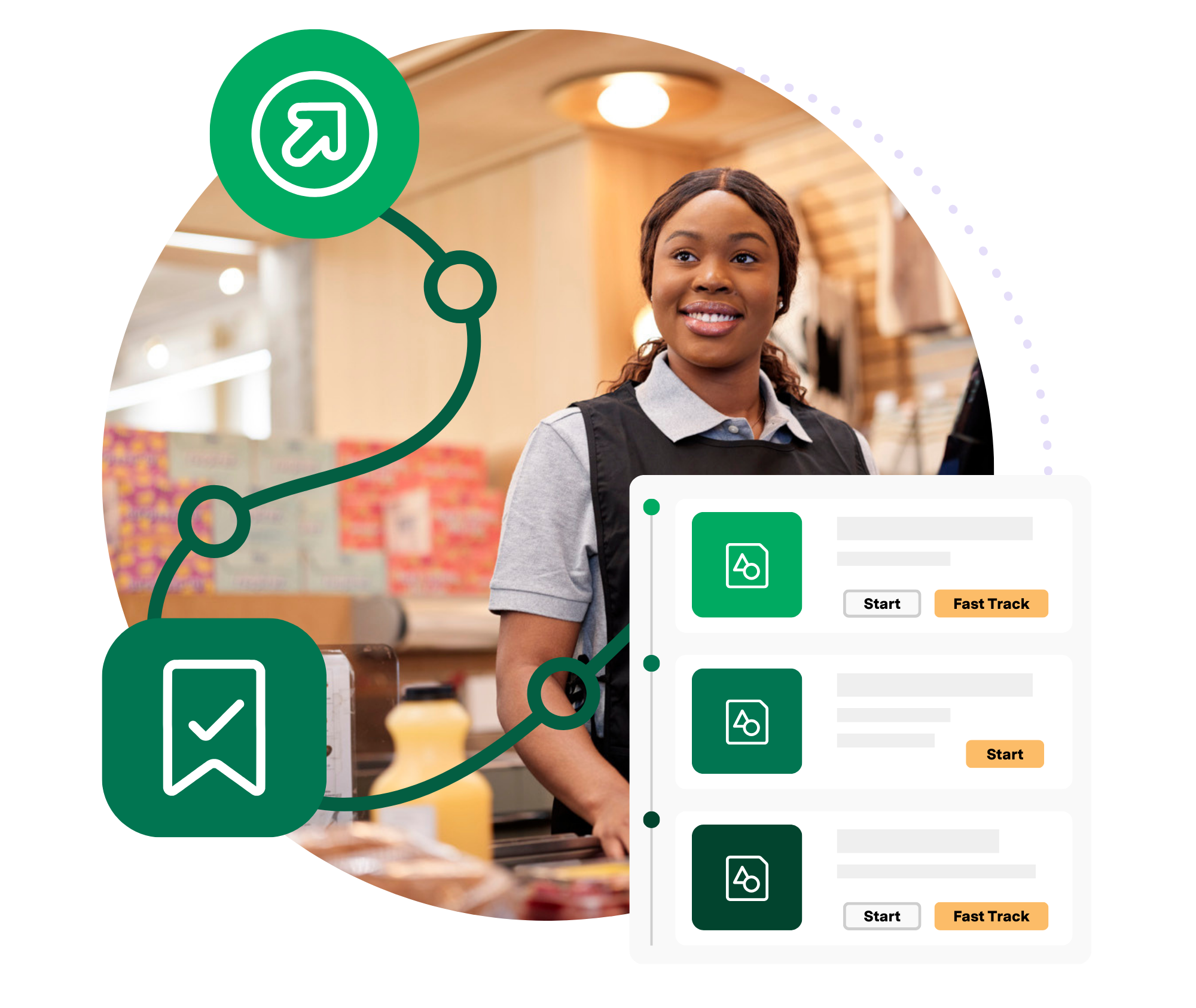 Illustration of onboarding paths in Axonify overlayed on a photo of a grocery associate