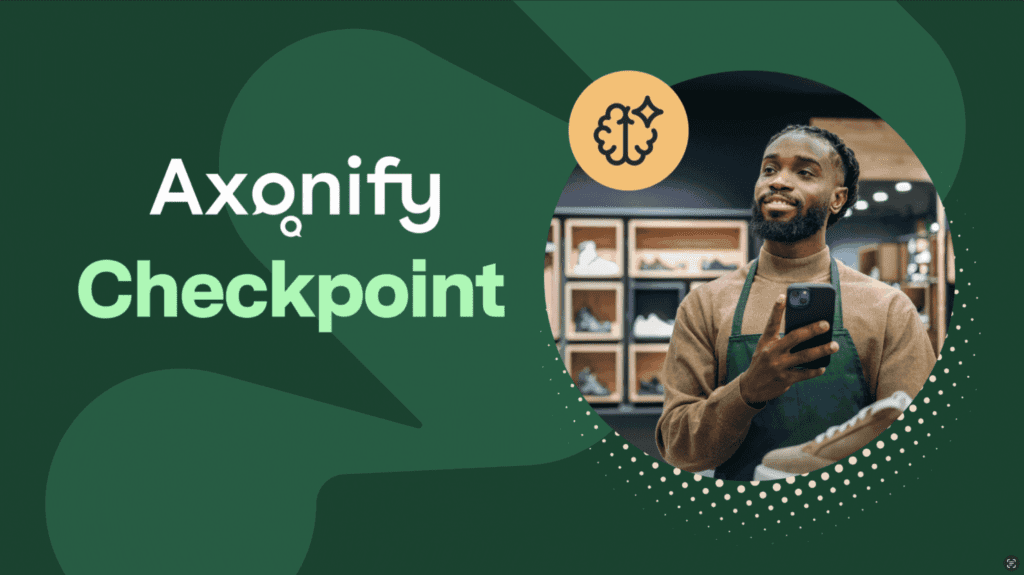 Axonify Checkpoint banner featuring a man in a green apron holding a mobile phone in a retail setting, with a brain icon and abstract green background.