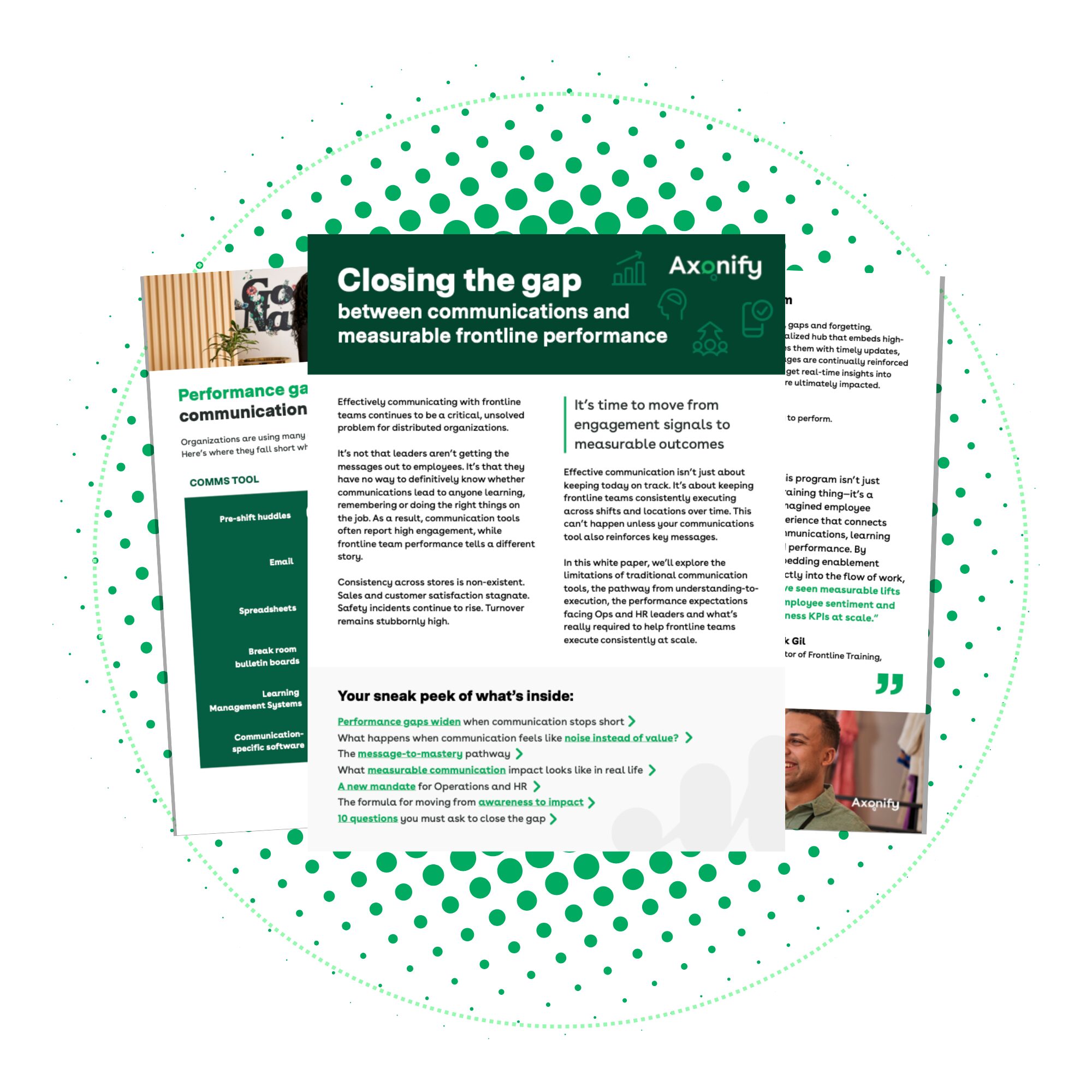 Image of the front page of the Closing the gap between communications and measurable frontline performance guide overlapping with two pages from the guide at the back