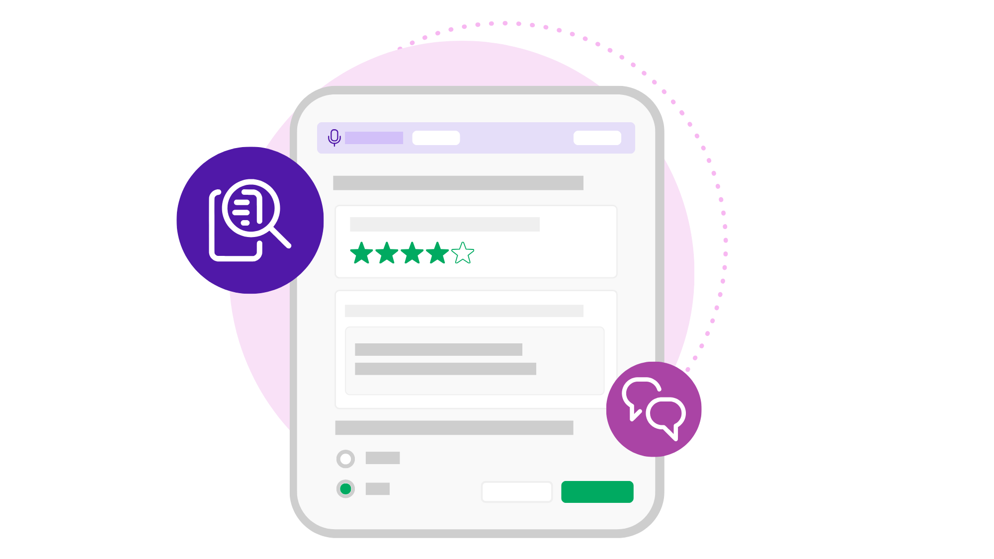 Abstract interface icon for Axonify Checkpoint featuring a document with a star rating, a magnifying glass, and speech bubbles.