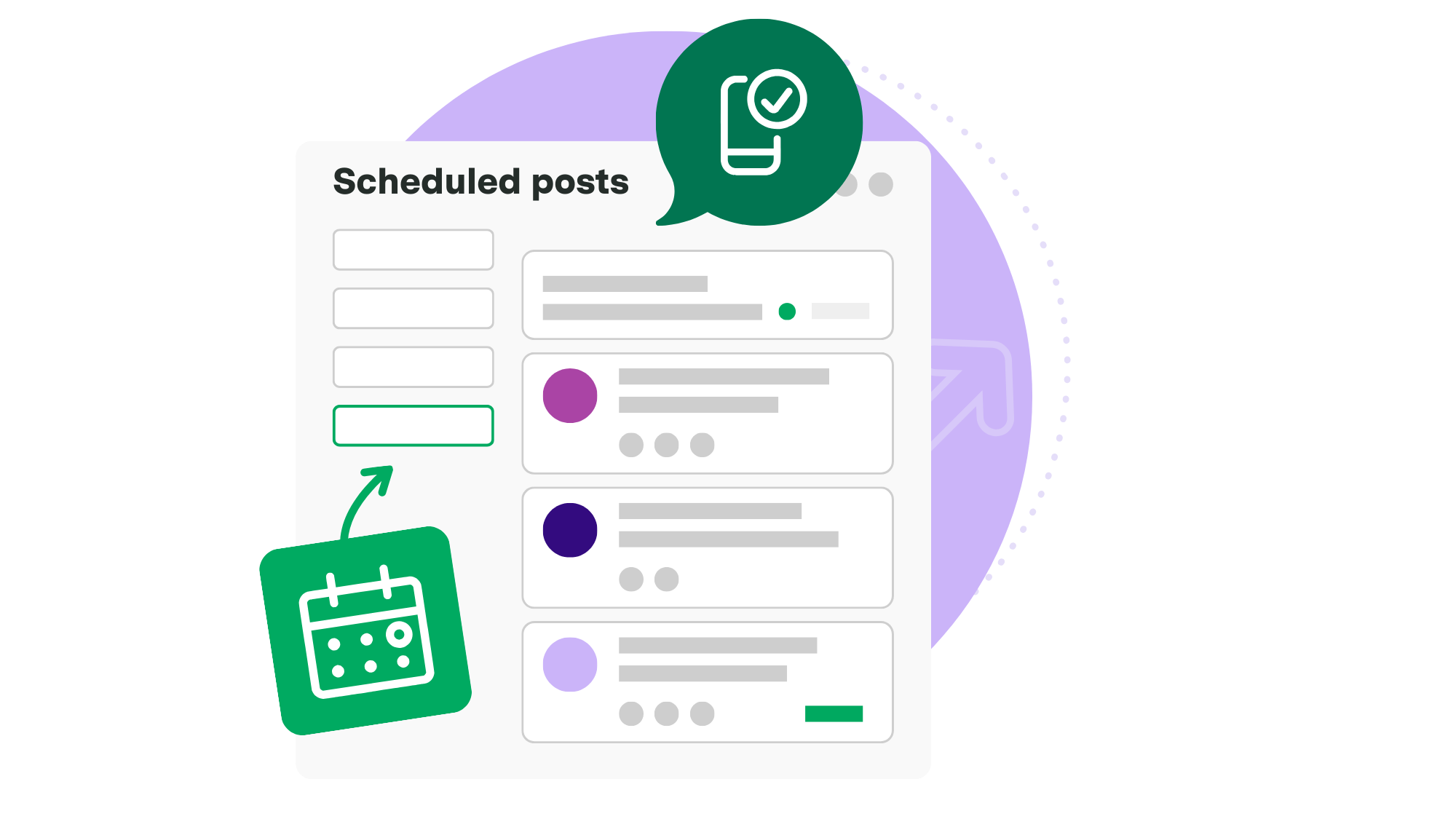 Interface icon for Scheduled Posts showing a content calendar, a list of upcoming posts, and a mobile verification badge.