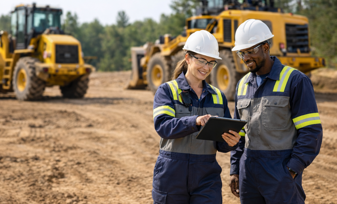 Two construction workers, a woman and a man, wearing hard hats, safety glasses, and high-visibility coveralls, stand together smiling on a dirt construction site. The woman holds and interacts with a digital tablet while heavy yellow earthmoving machinery sits in the background.