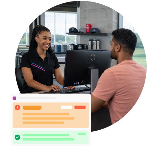 A smiling female employee behind a guest service counter interacting at a computer terminal with a male customer at a Topgolf venue. A simplified interface mockup overlays the foreground, displaying a red alert notification box and a green completion message.
