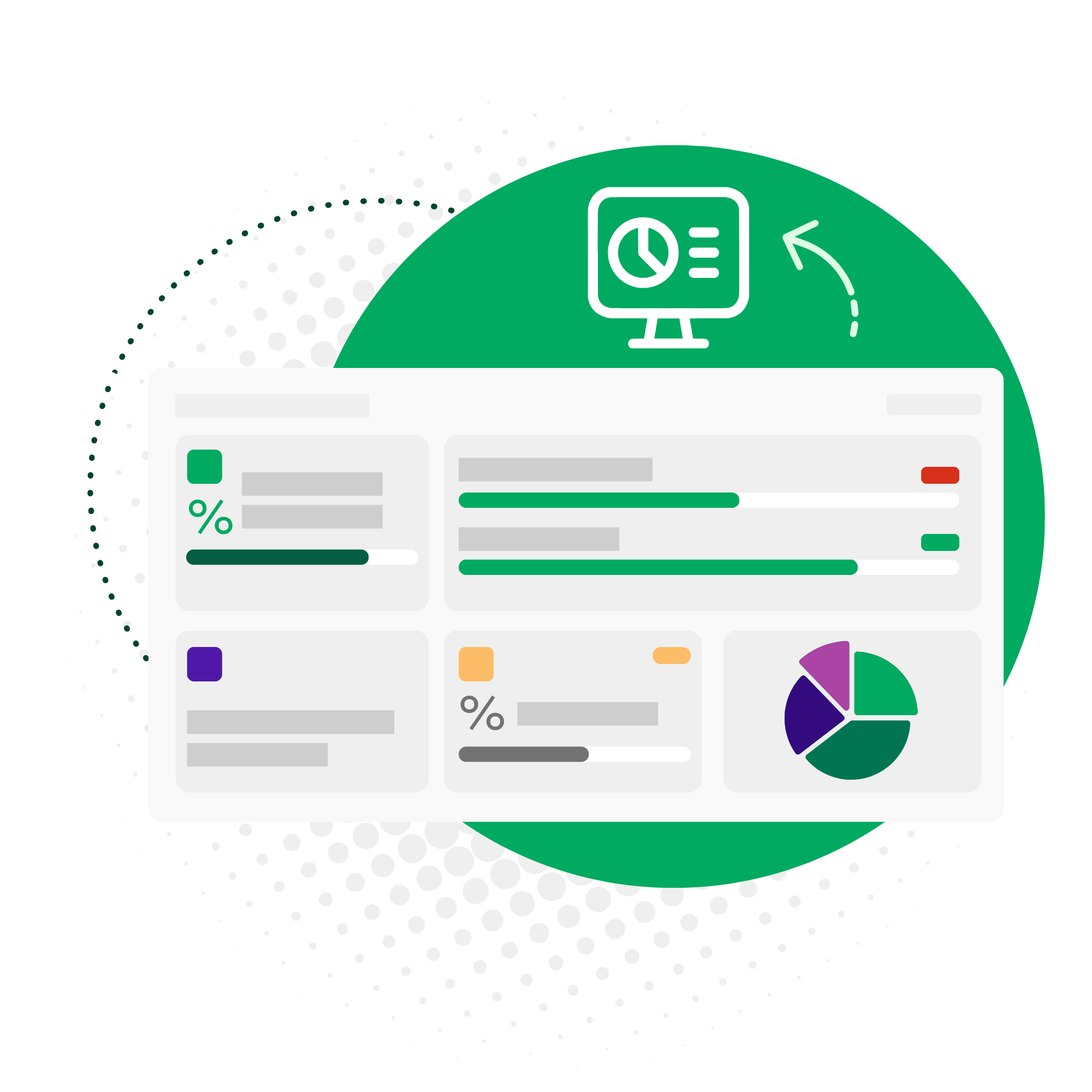 An analytics dashboard mockup displaying abstract performance tracking data, green progress bars, percentage indicators, and a multicolored pie chart. The dashboard graphic is set against a large green circular background featuring a white line icon of a computer monitor displaying a chart.