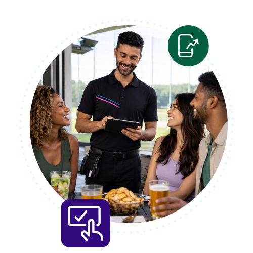 A male Topgolf server wearing a black polo shirt smiles while taking an order on a digital tablet from a group of three friends sitting at a table with drinks and snacks. The image is accented by two floating circular icons: a green icon with a smartphone and an upward arrow at the top right, and a purple icon showing a hand tapping a checklist box at the bottom left.