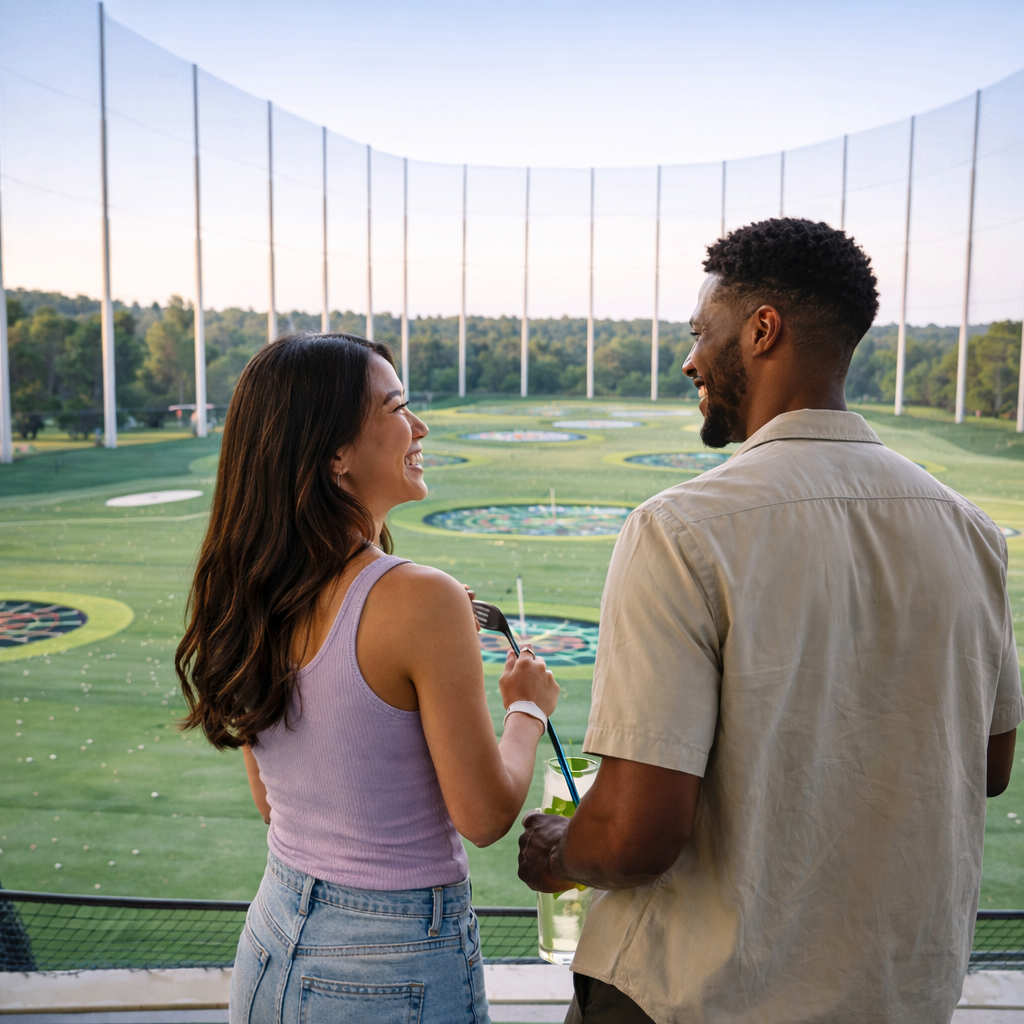A smiling man and woman seen from behind, looking at each other while standing in a hitting bay at Topgolf. The expansive outdoor driving range with multiple circular targets and a high perimeter net stretches out in the background.