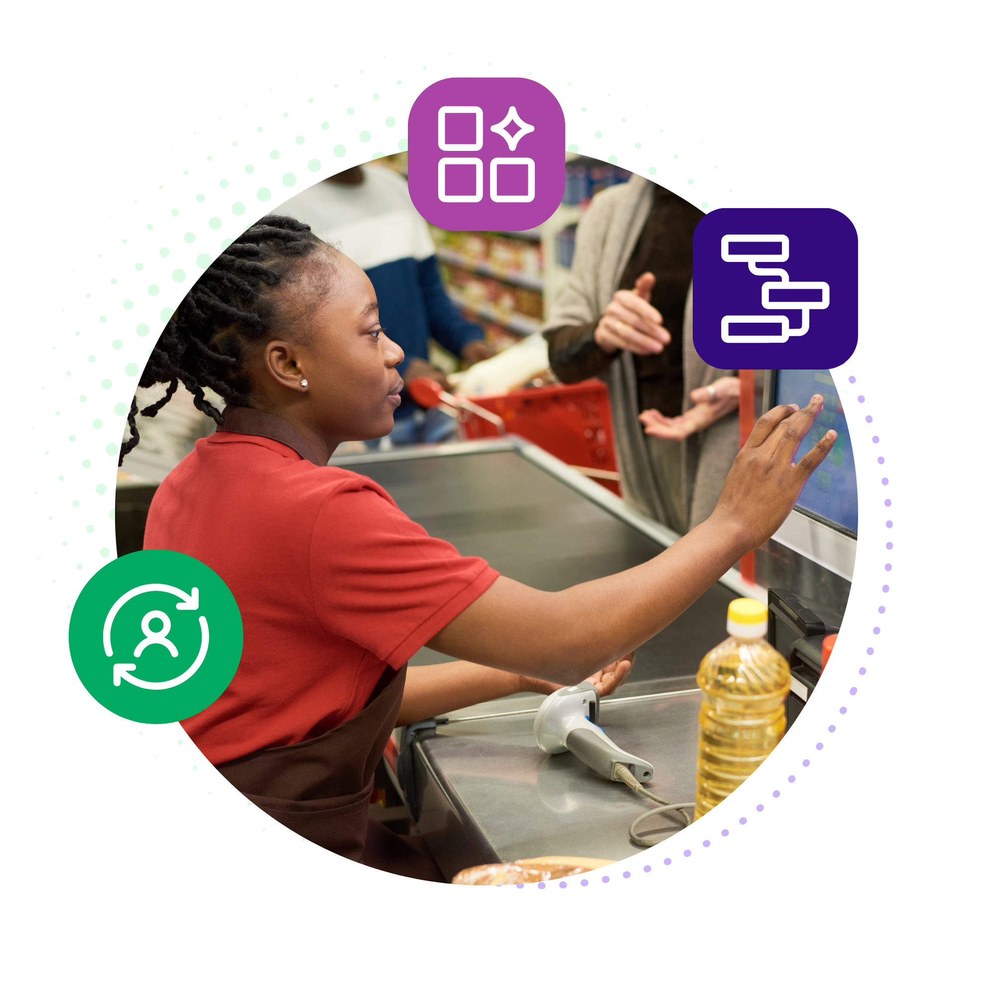 A young female grocery store cashier with braided hair wears a red polo shirt and brown apron while operating a touchscreen checkout monitor. The circular image is overlaid with three stylized icons: a green icon showing a person with circular arrows at the bottom left, a purple icon with four square blocks at the top center, and a dark purple icon with a flowchart symbol at the top right.