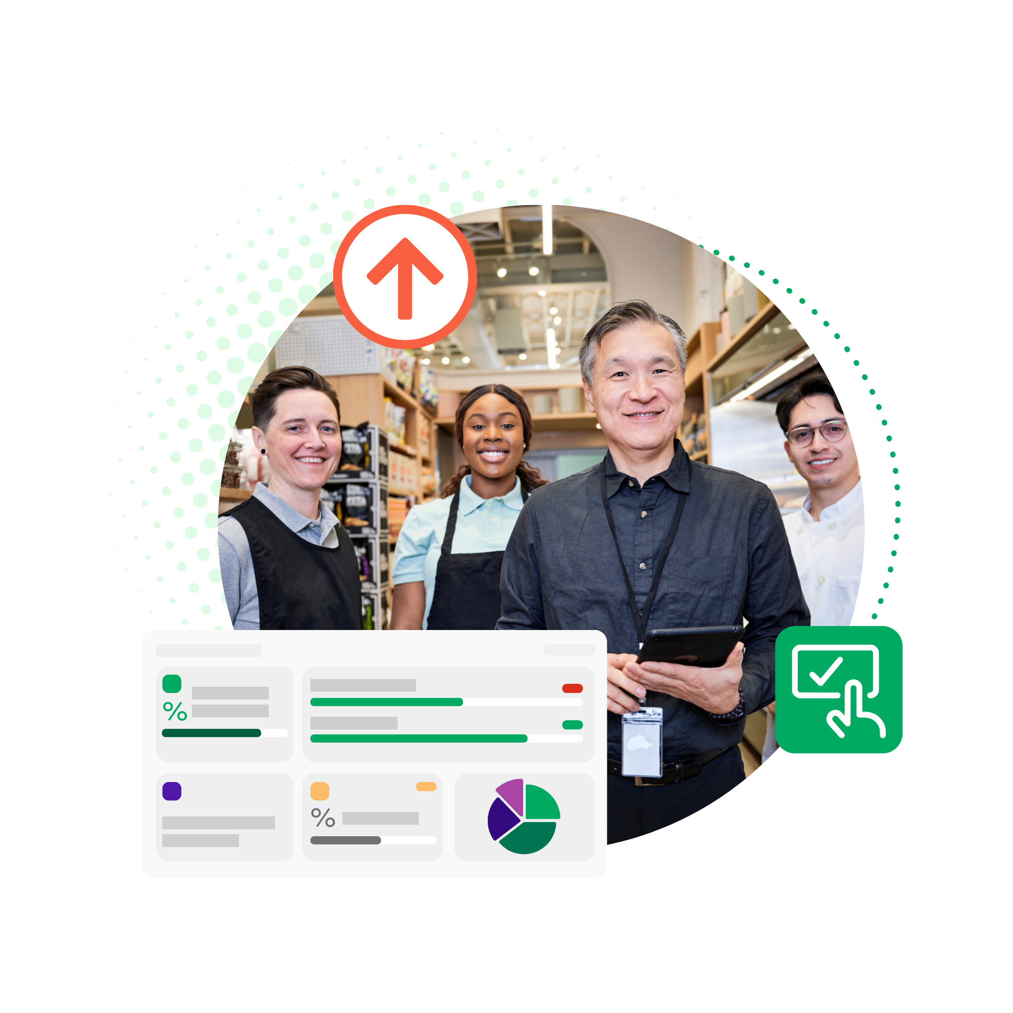 A group of four diverse retail or grocery store employees smiling together. A man in the center foreground holds a digital tablet. An abstract analytics dashboard graphic overlays the bottom left corner, while a green square icon showing a hand clicking a checkbox badge sits on the right, and an orange circle icon with an upward arrow stands at the top.