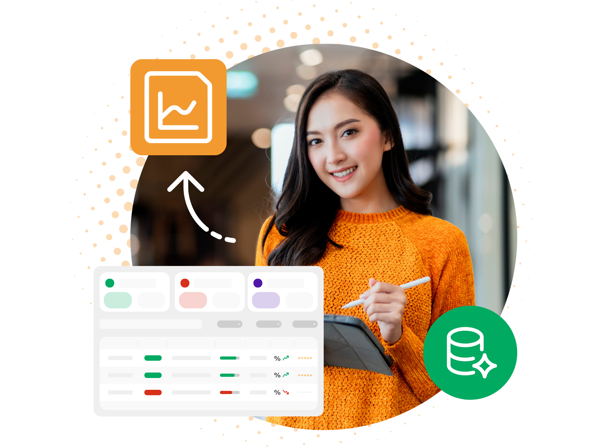 A smiling woman in an orange sweater stands in a store holding a digital stylus and tablet. An analytics data table graphic overlays the lower left corner, showing colorful rows and upward trend indicators. The scene is accented by an orange document icon with a line graph at the top left and a green circular icon showing a server database with a star at the bottom right.