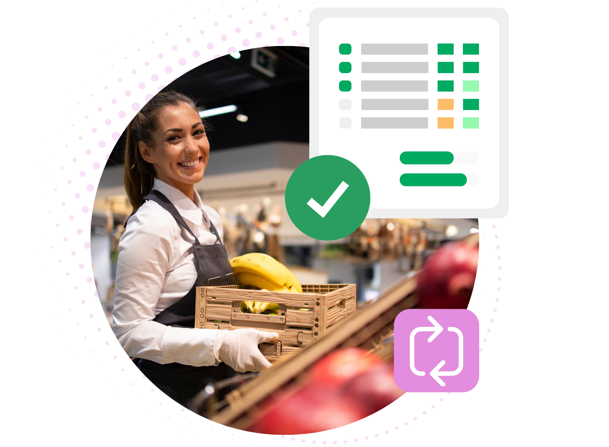 A smiling female grocery store worker wearing an apron and gloves holds a wooden crate of bananas in the produce section. An abstract progress checklist report card with green check marks overlays the upper right, anchored by a central green checkmark circle and a purple square icon with a refresh symbol at the bottom right.