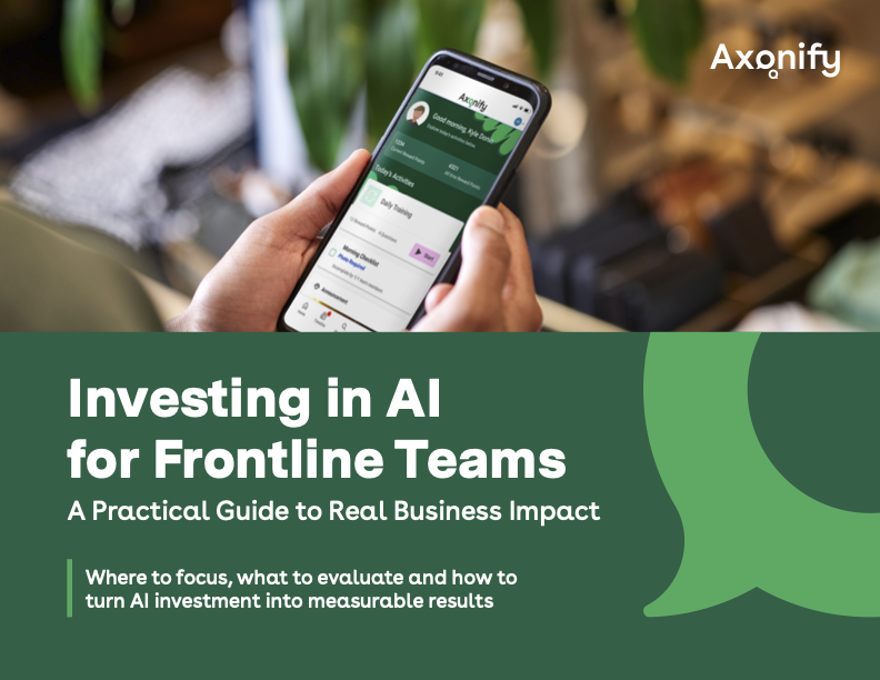 Cover of the Axonify guide 'Investing in AI for Frontline Teams: A Practical Guide to Real Business Impact,' with the app shown on a phone
