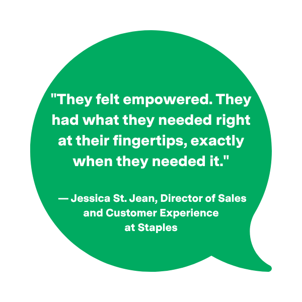 A green speech bubble graphic containing a quote that reads: "They felt empowered. They had what they needed right at their fingertips, exactly when they needed it." — Jessica St. Jean, Director of Sales and Customer Experience at Staples