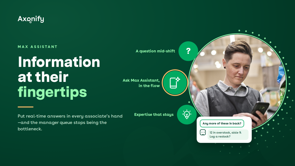 Axonify Max Assistant: an associate asks a question mid-shift and gets a real-time answer on their phone