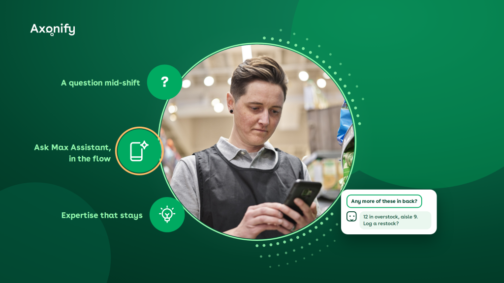 Axonify Max Assistant: an associate asks a question mid-shift and gets a real-time answer on their phone