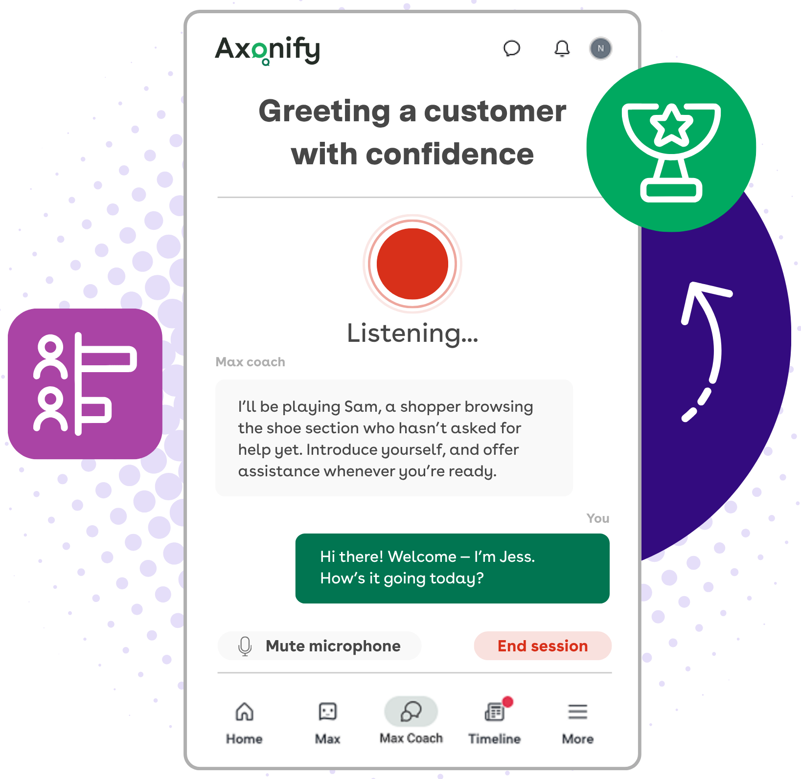 Axonify app running a Max Coach roleplay where an associate practises greeting a customer, mic listening