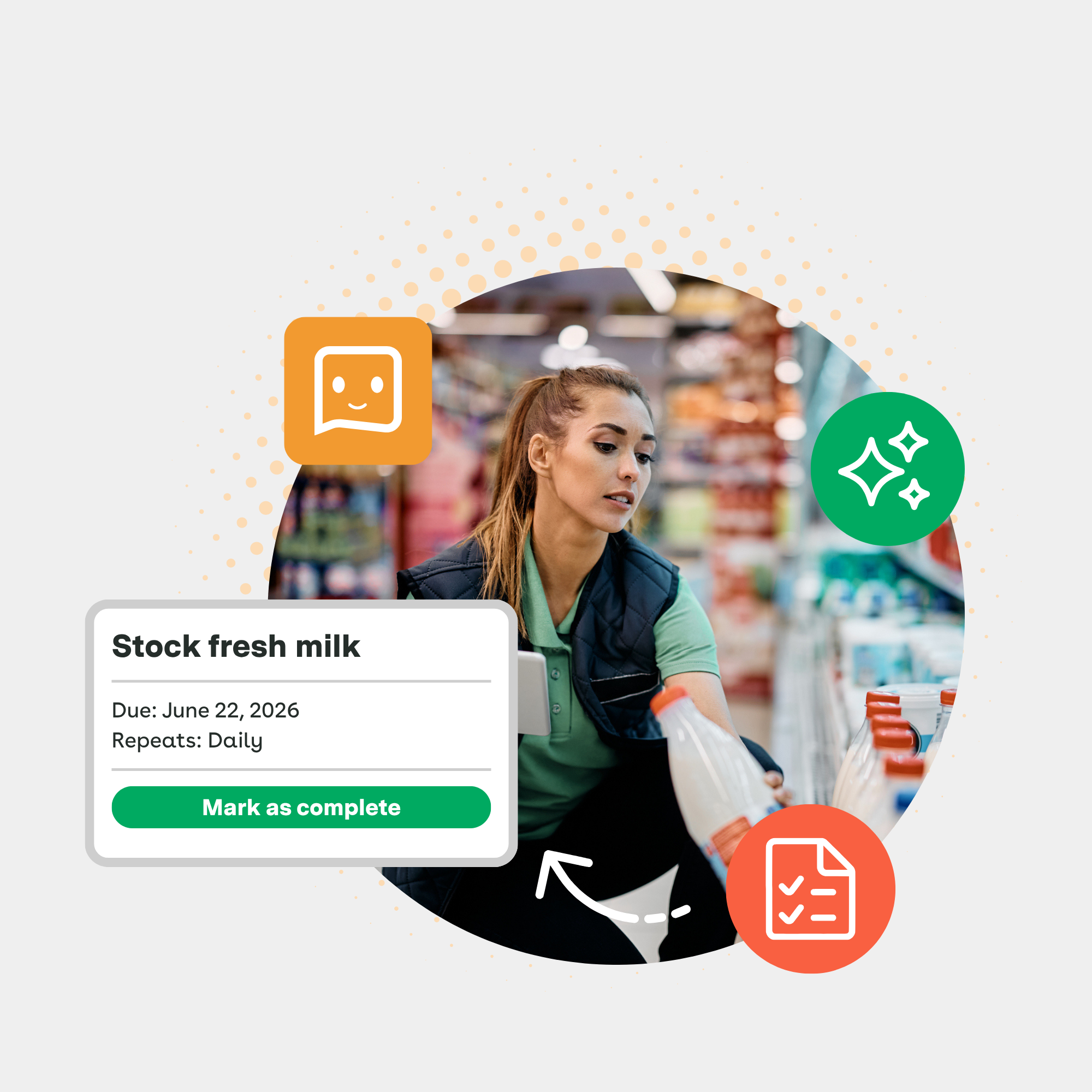 A grocery associate stocking fresh milk on a refrigerated shelf, with a Axonify task card to 'Stock fresh milk