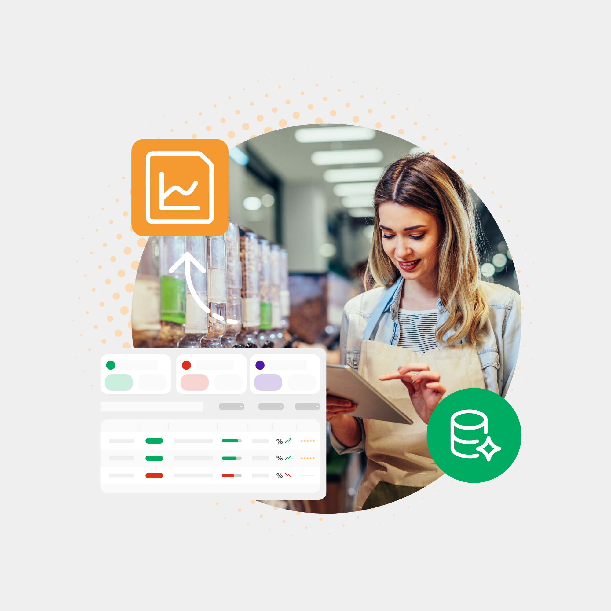 A grocery associate using a tablet in the bulk-foods aisle, alongside an Axonify performance dashboard